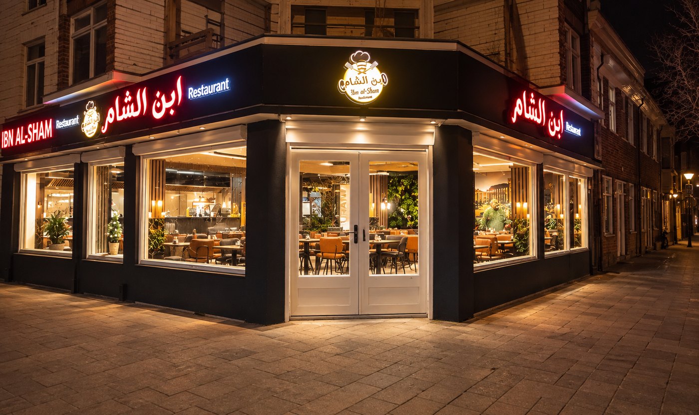 De gevel van Ibn al-Sham aan de Hagedoornweg in de avond